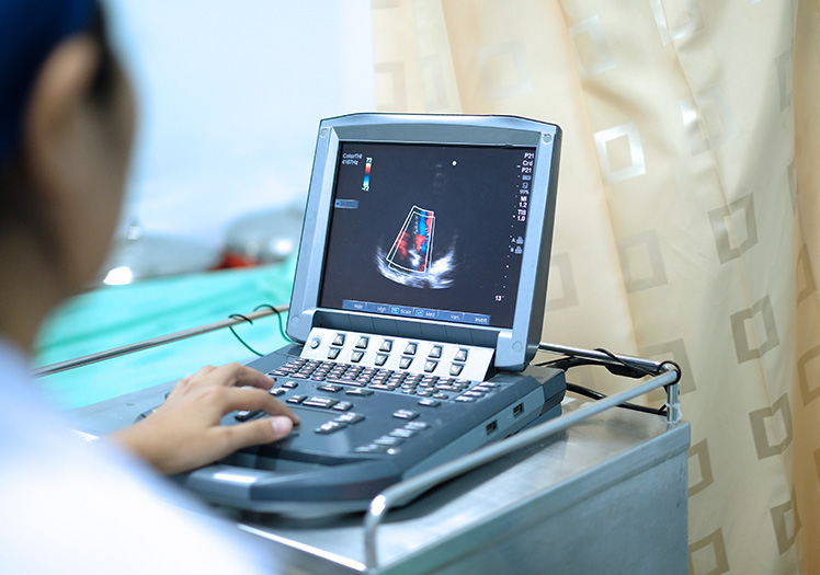 An ultrasound machine with a monitor displaying an image of a fetus being viewed by a medical professional.