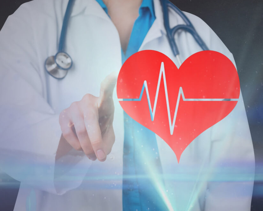The image features a healthcare professional, presumably a doctor, with their hand on a holographic heart symbol, which represents medical care and monitoring of health conditions.